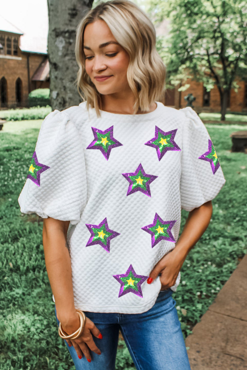 White Textured Sequin Mardi Gras Star Graphic Puff Sleeve Blouse eAura