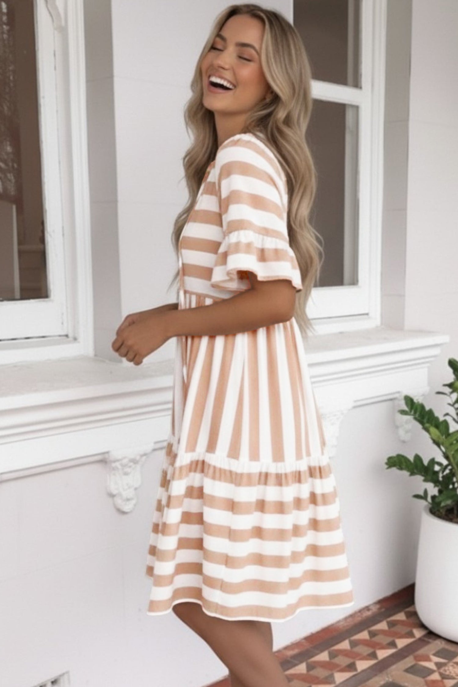 Khaki Stripe V Neck Ruffle Sleeve Flared Summer Dress