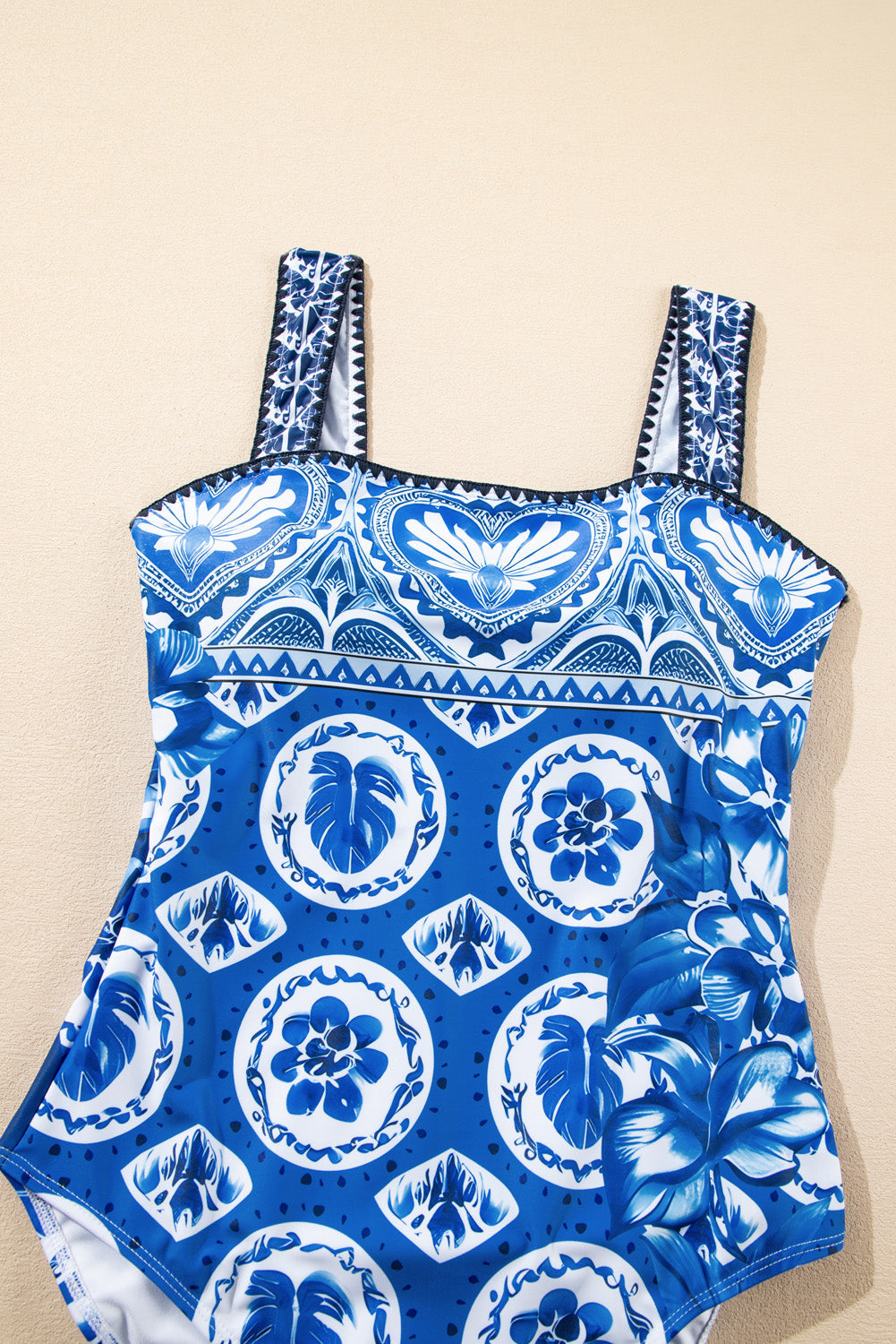 Blue Tile Pattern Ricrac Wide Straps Sheath One Piece Swimsuit eAura