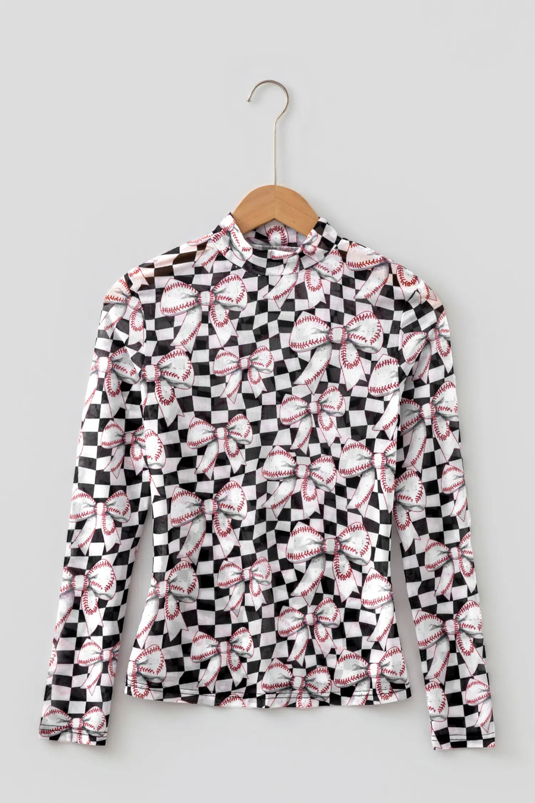Checkered Baseball Bow Print High Neck Long Sleeve Mesh Top – Black