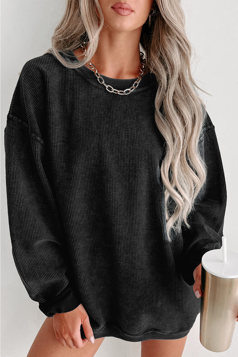 Green Solid Ribbed Knit Round Neck Pullover Sweatshirt eAura