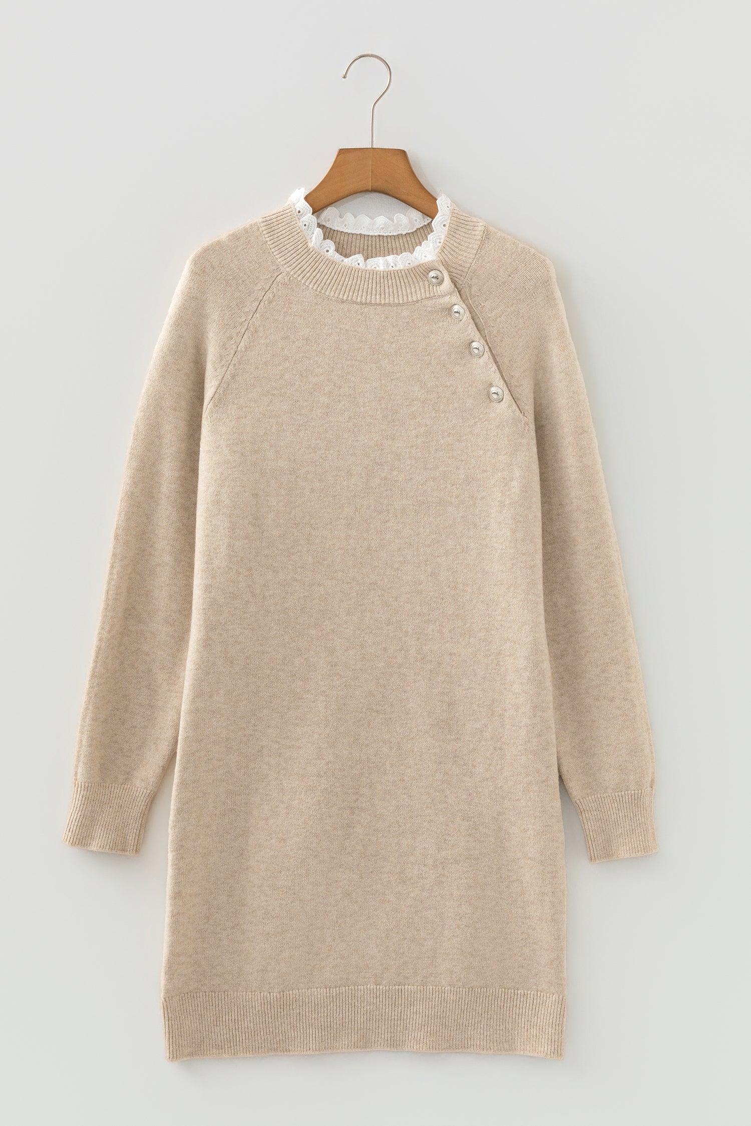Button Lace Detail Raglan Sleeve Shift Mini Sweater Dress - Sweaters & Cardigans/Sweater Dresses