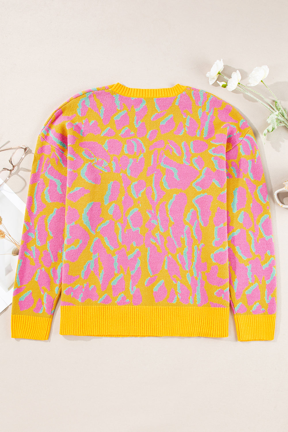 Green Abstract Print Ribbed Trim Baggy Sweater eAura