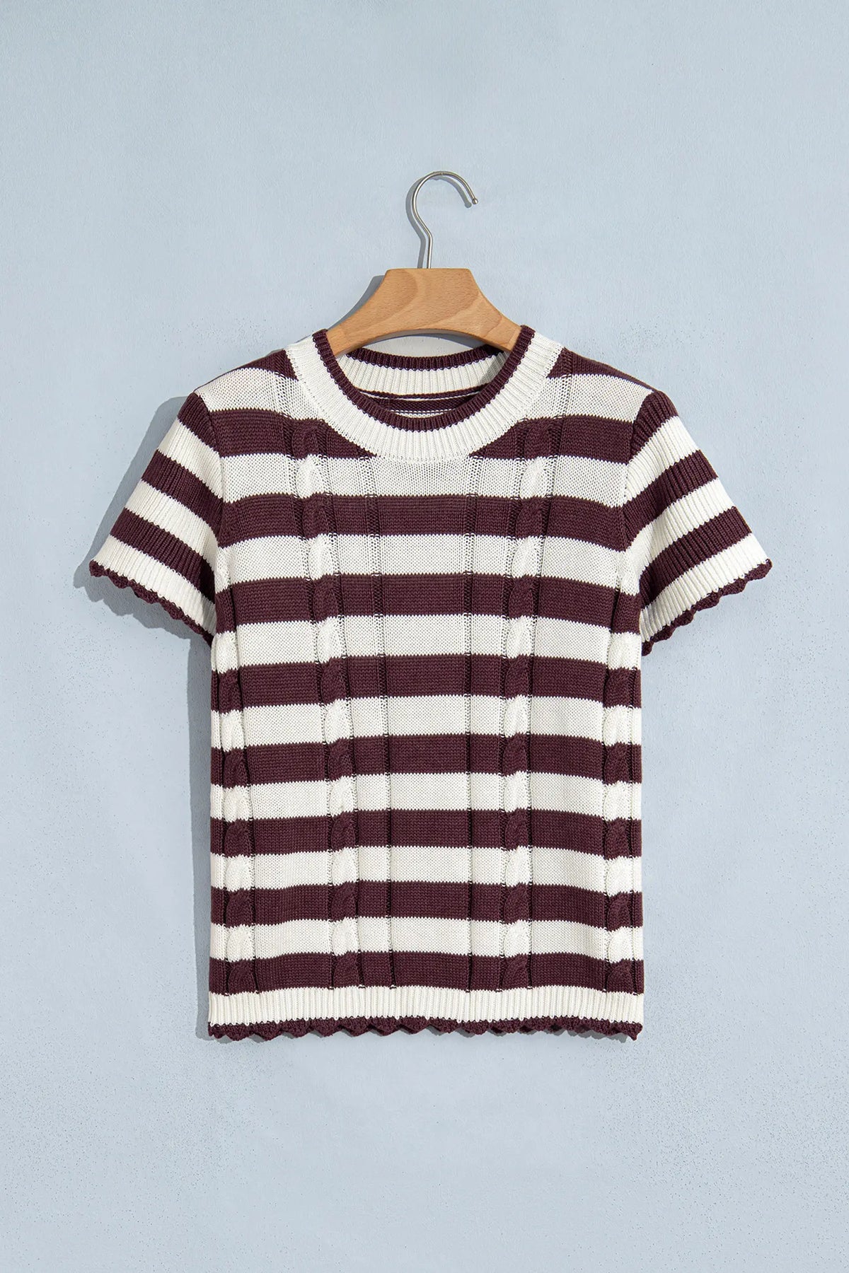 Ribbed Knit Cable Detail Short Sleeve Sweater – Brown Stripe