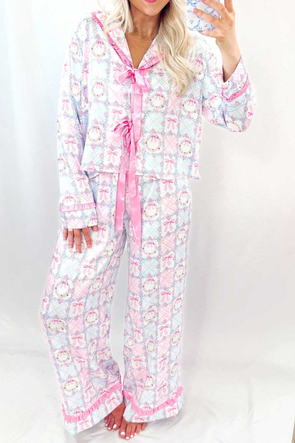 Pink Bow Wreath Pattern Christmas Pyjamas Tied Front Long Sleeve Dear-Lover Dropshipping