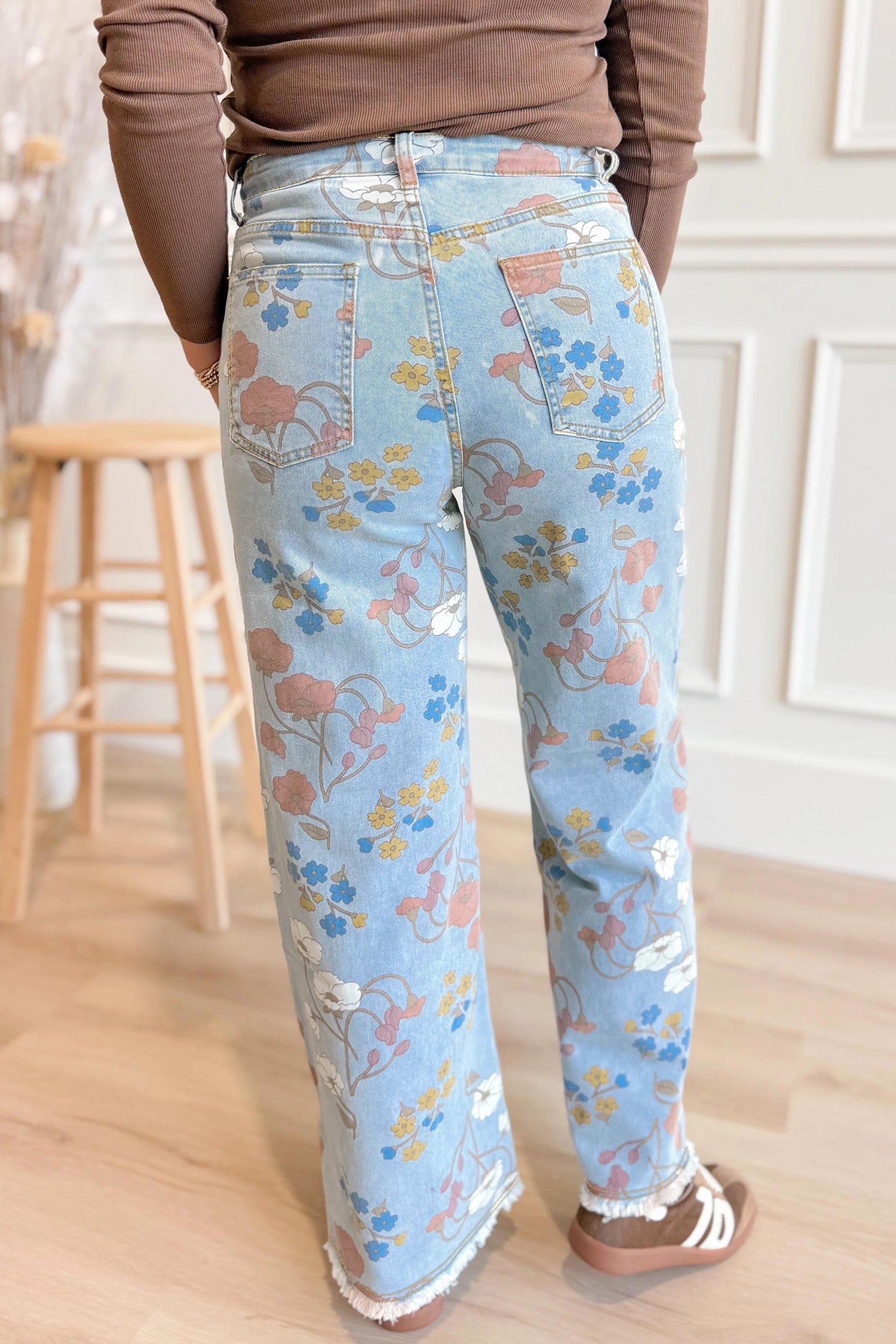 Blue Floral Printed Raw Hem Jeans
