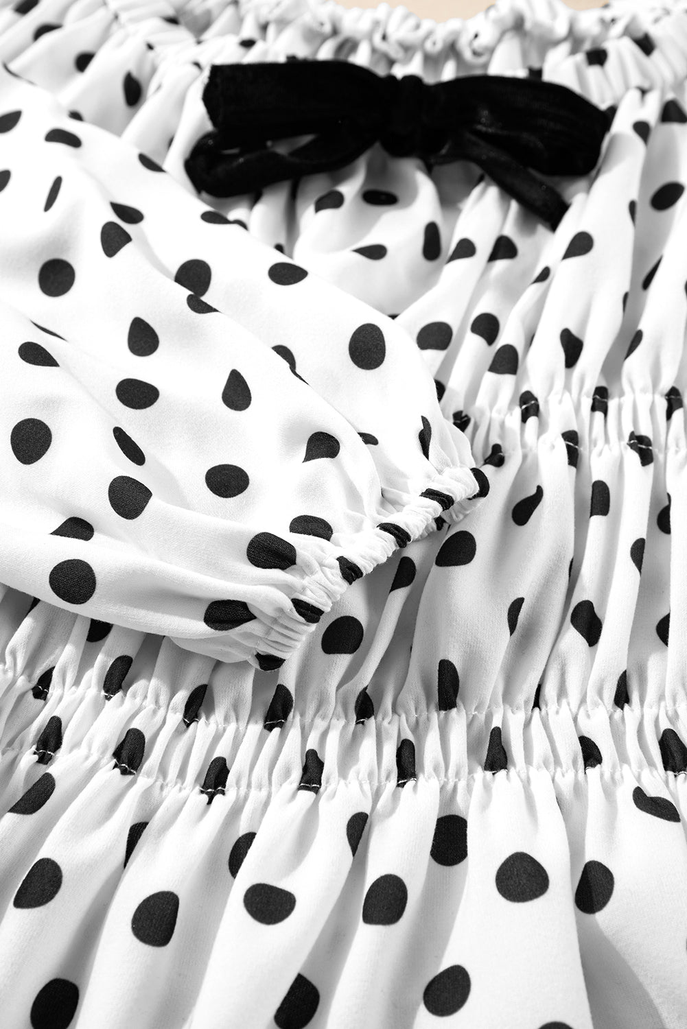 Black Polka Dot Puff Sleeve Bow Square Neck Peplum Top eAura