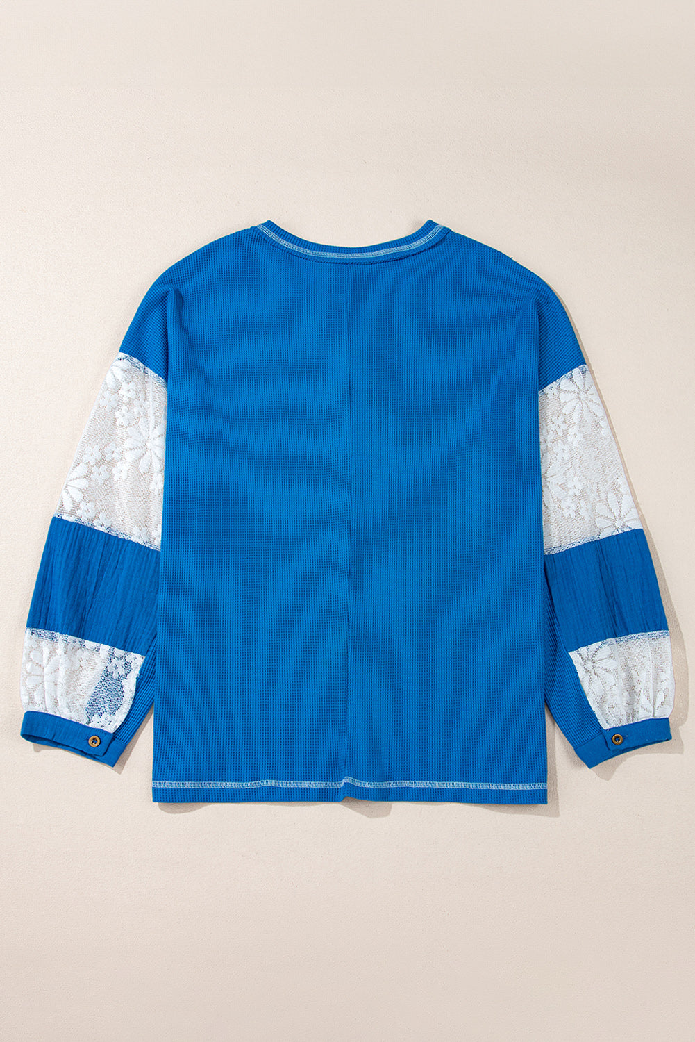Lace Floral Patchwork Sleeve V-Neck Rib Knit Top – Blue