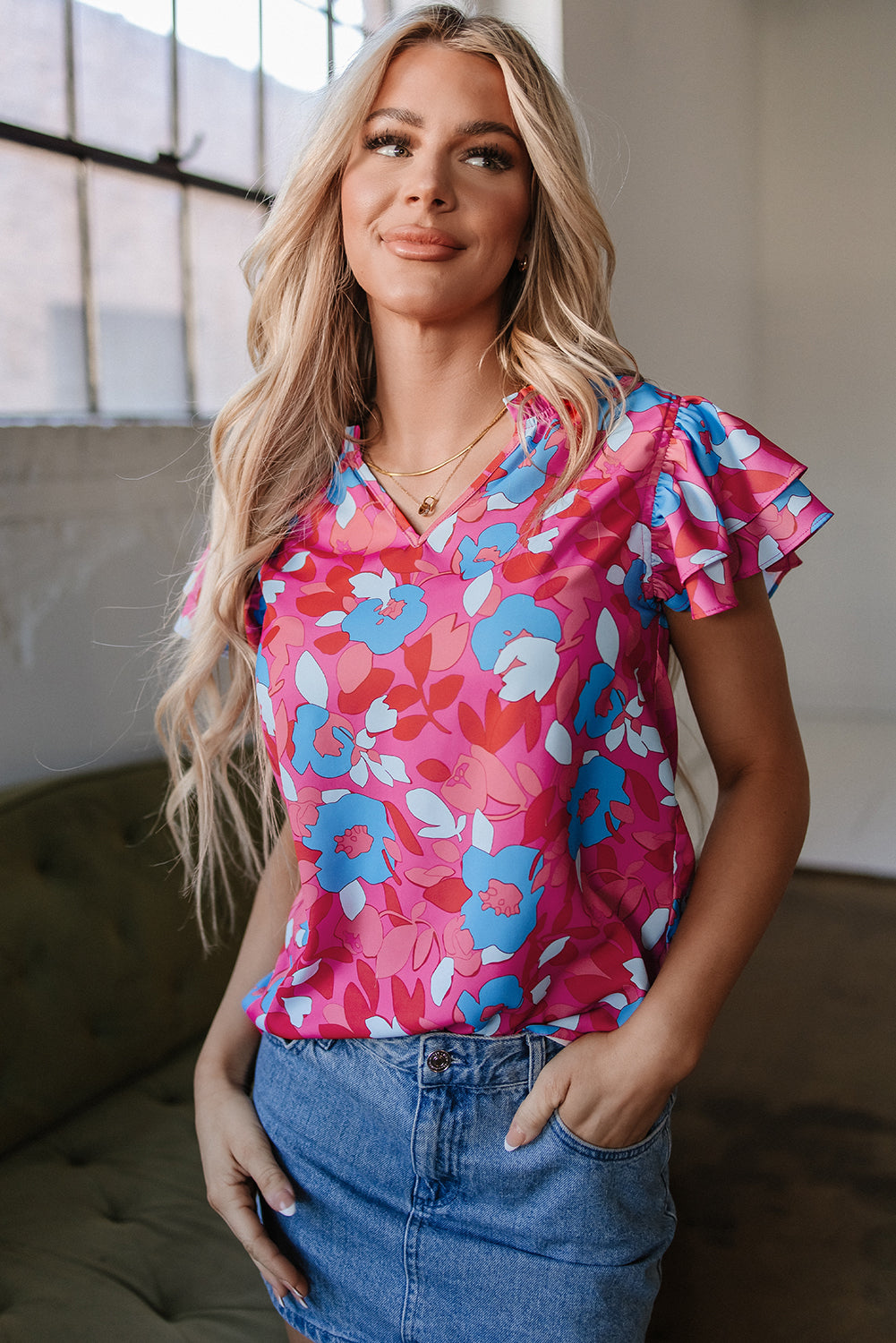 Rose Red Ruffled Sleeve Floral Blouse eAura