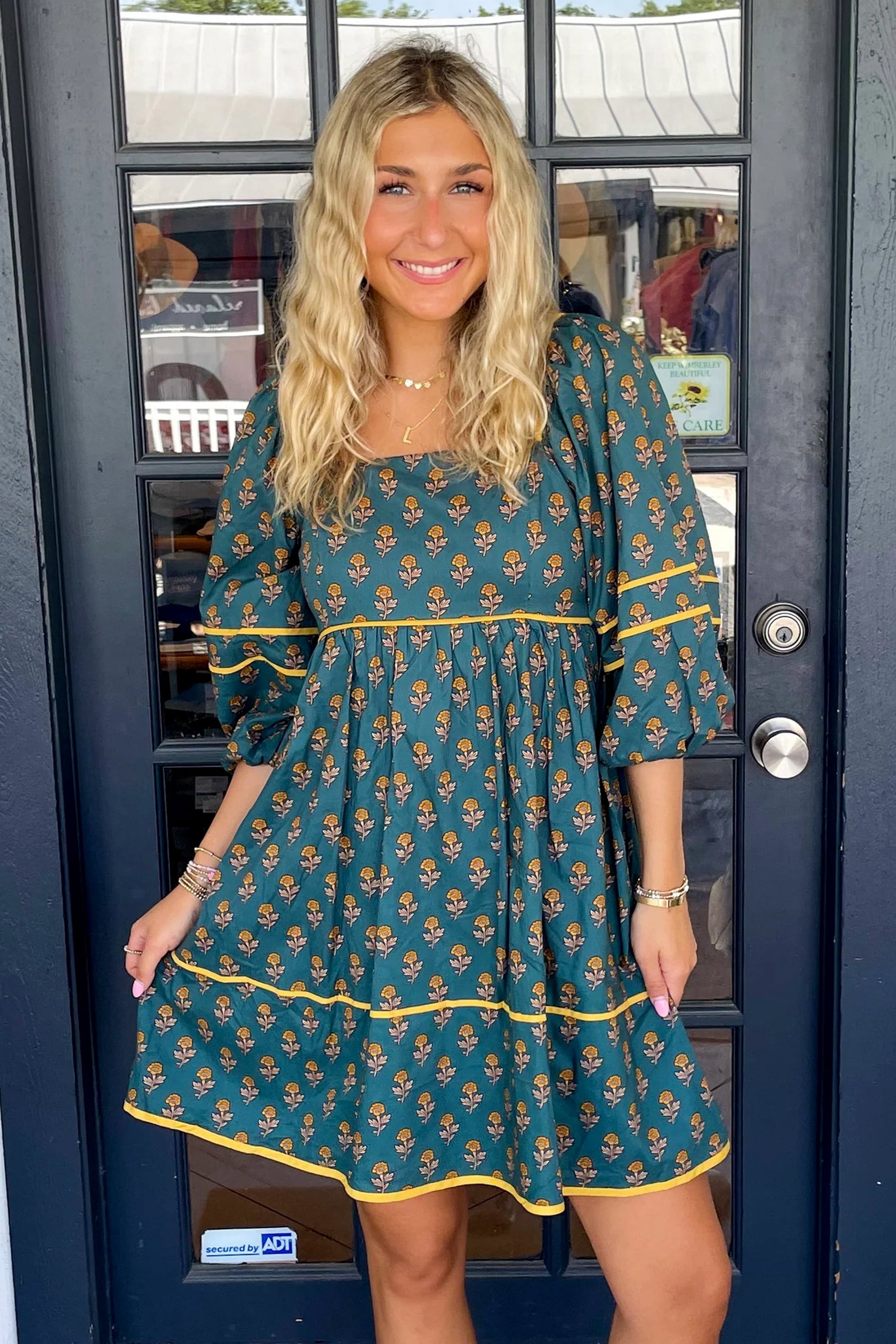 Skobeloff Floral Contrast Trim Square Neck Puff Sleeve Dress eAura
