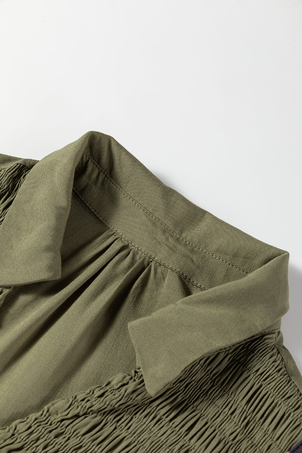 Collared V-Neck Smocked Detail Contrast Leopard Trim Bracelet Sleeve Long Dress - eAura