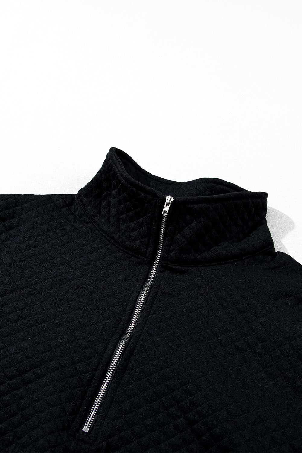Black Solid Half Zipper Quilted Pullover Sweatshirt - eAura