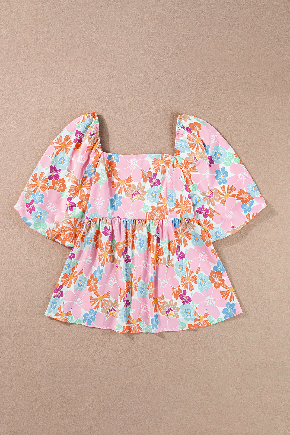 Pink Floral Puff Sleeve Square Neck Babydoll Blouse BB Fashion Outlet