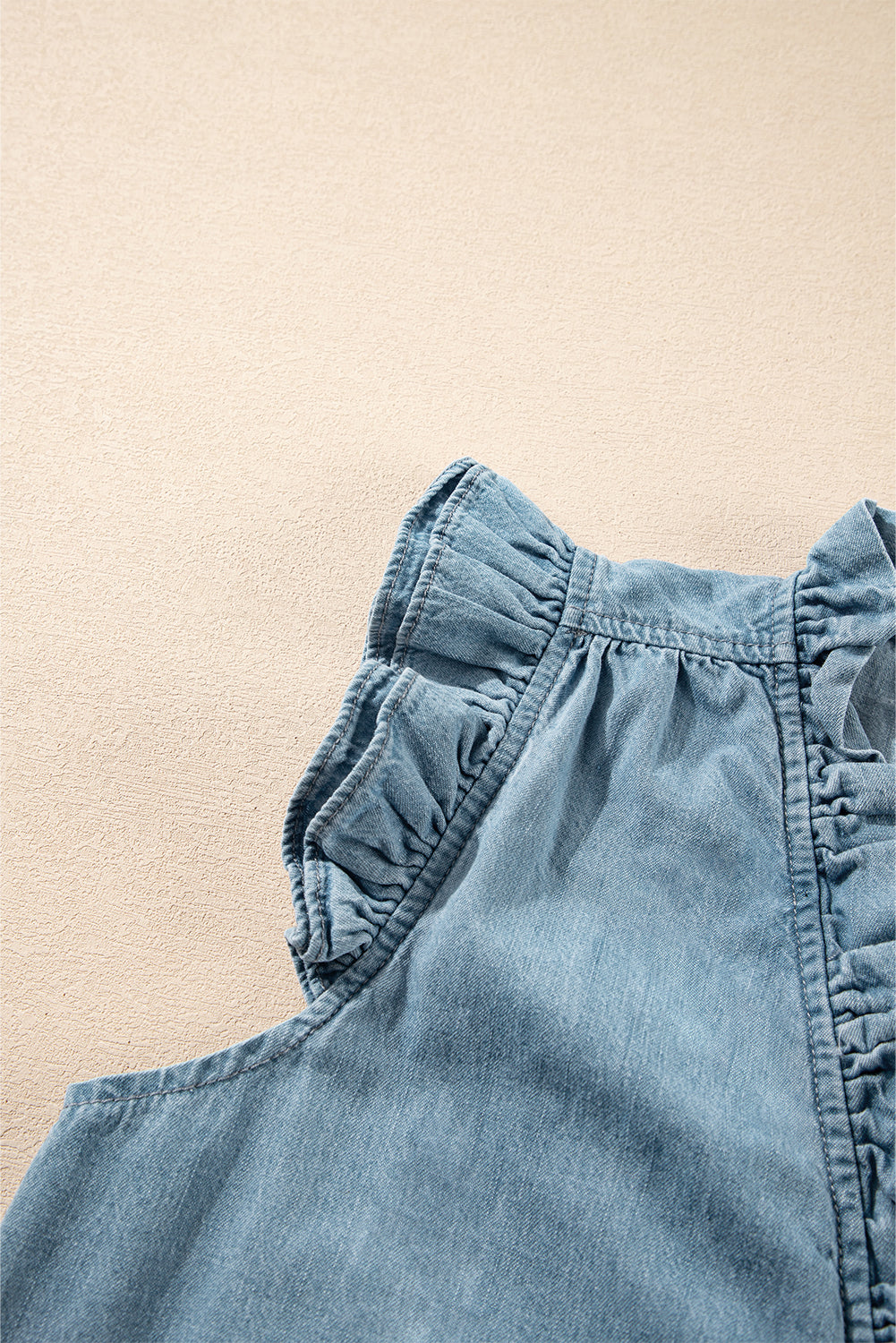 Beau Blue Frilly Ruffle Trim V Neck Chambray Tank Top eAura