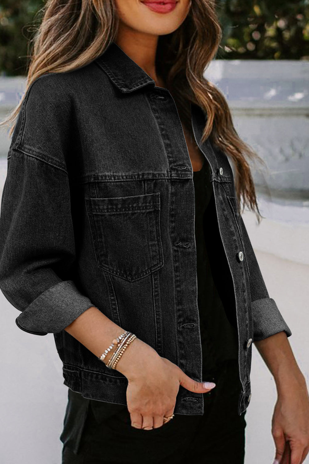 Black Washed Oversize Pocketed Denim Jacket eAura