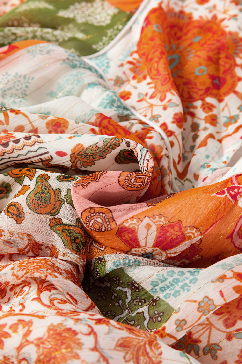 Orange Boho Paisley Mixed Print 3/4 Sleeve Chiffon Loose Dress eAura