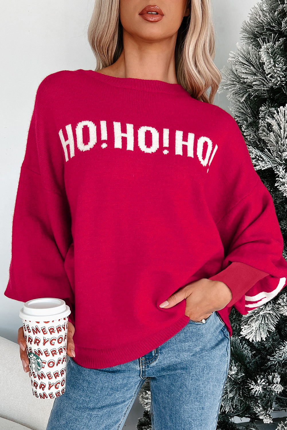 HO HO HO MERRY CHRISTMAS Drop Shoulder Loose Sweater - eAura