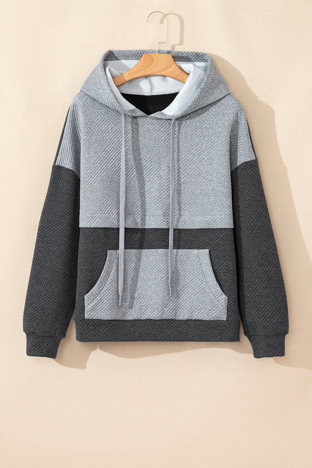 Pink Textured Colour Block Kangaroo Pocket Drop Shoulder Hoodie eAura