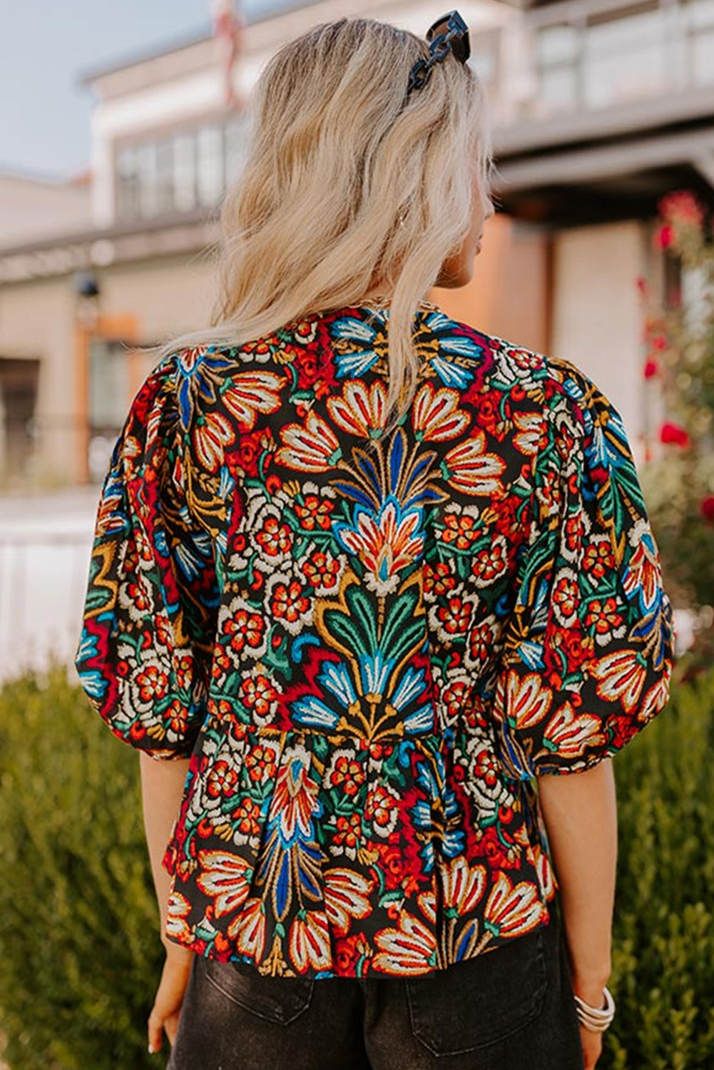 Black Tropical Print Bubble Sleeve Knot Front Blouse eAura
