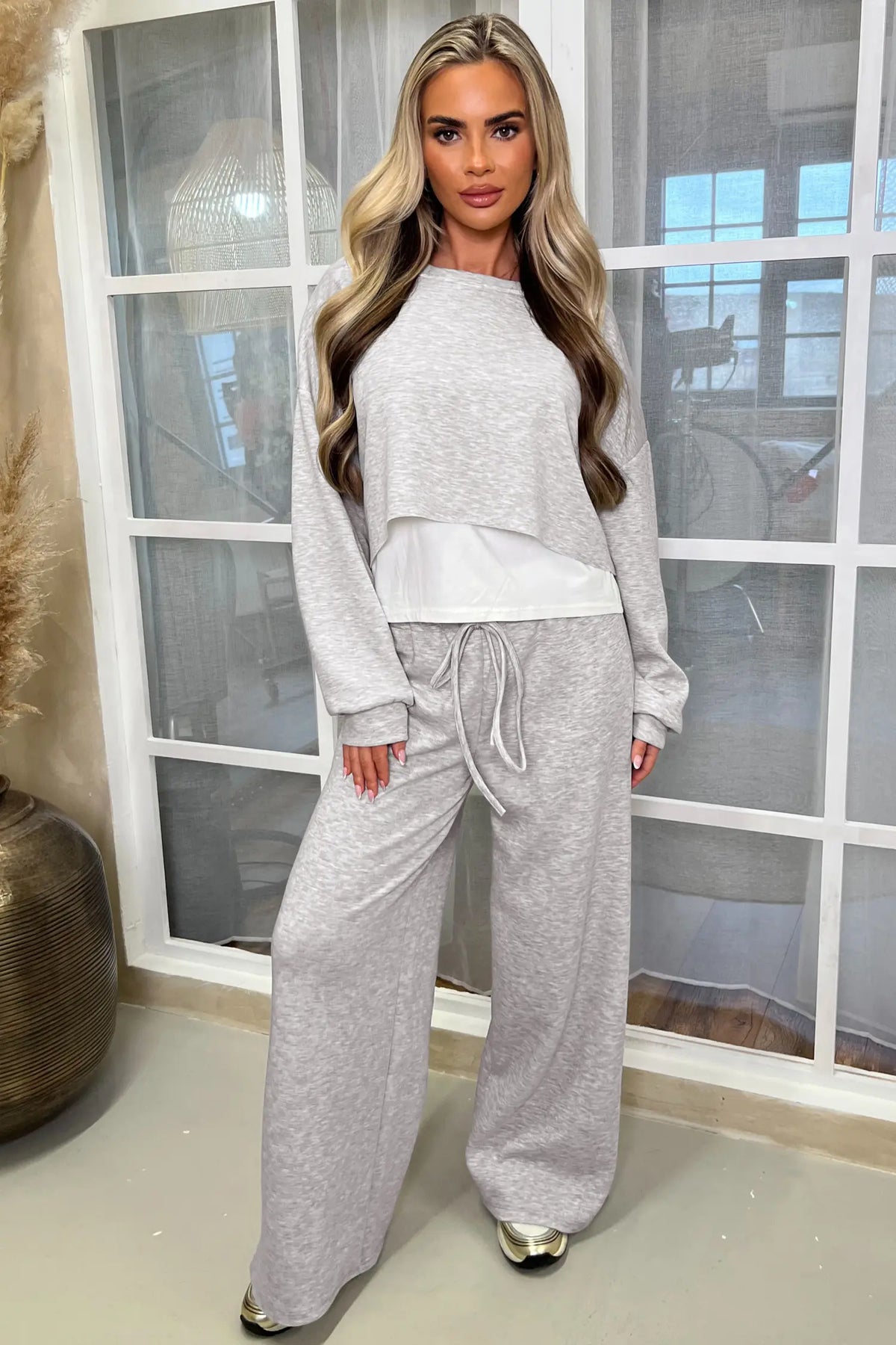 Colour Contrast Overlay Long Sleeve Top Drawstring Loose Pant Set
