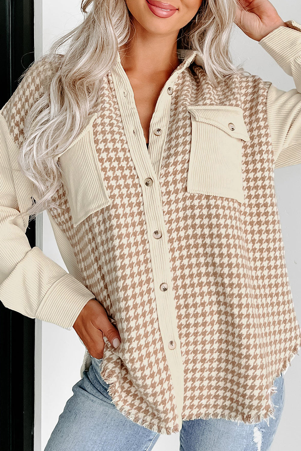 Parchment Houndstooth Corduroy Patchwork Flap Pocket Shacket Beagle Boutique Fashion Outlet