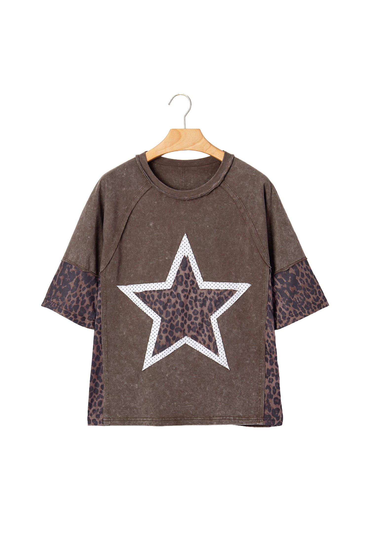 Coffee Mineral Wash Exposed Seam Leopard Star Patched T Shirt – Brown
