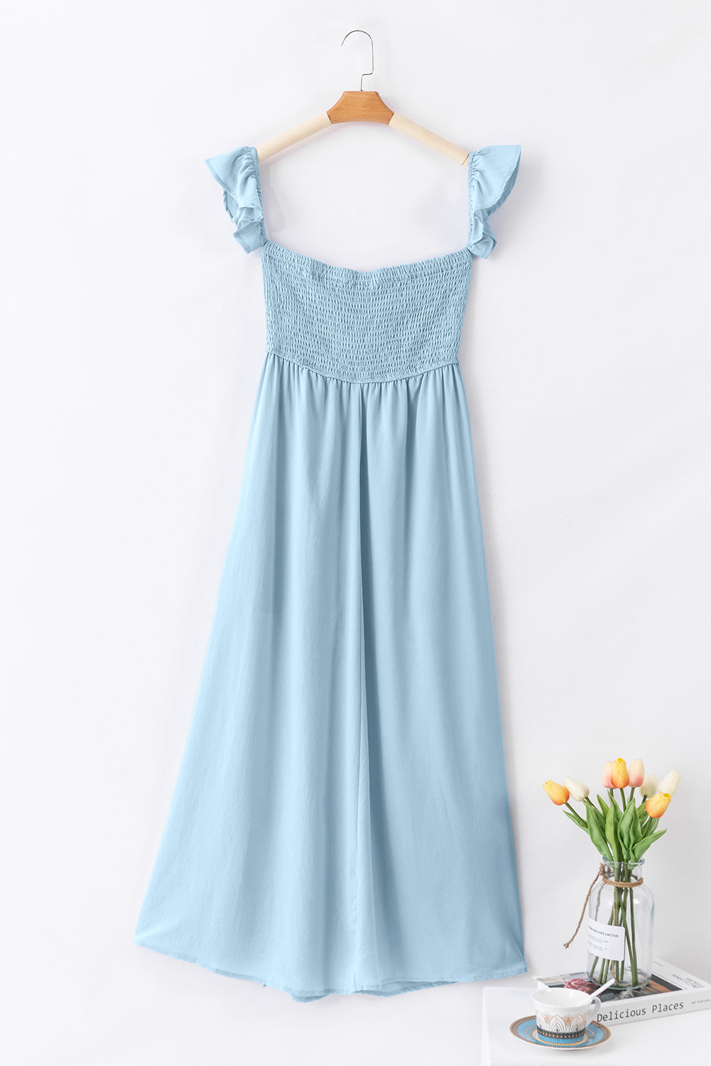 Sky Blue Off Shoulder Ruched Bust Sheer Slit Maxi Dress – Light Blue
