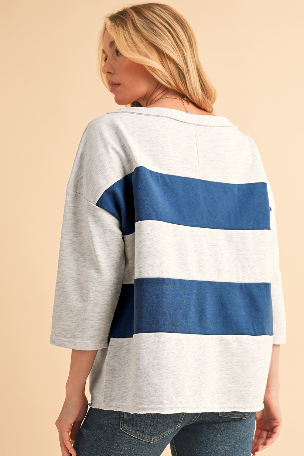 Striped Patchwork 3/4 Sleeves Raw Edge Sweatshirt - eAura