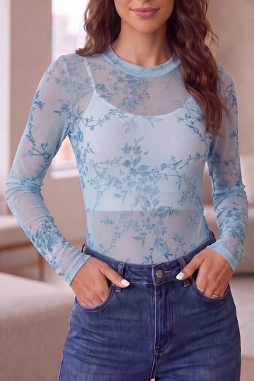 Sky Blue Sheer Mesh Floral Printed Mock Neck Long Sleeve Bodysuit – Light Blue
