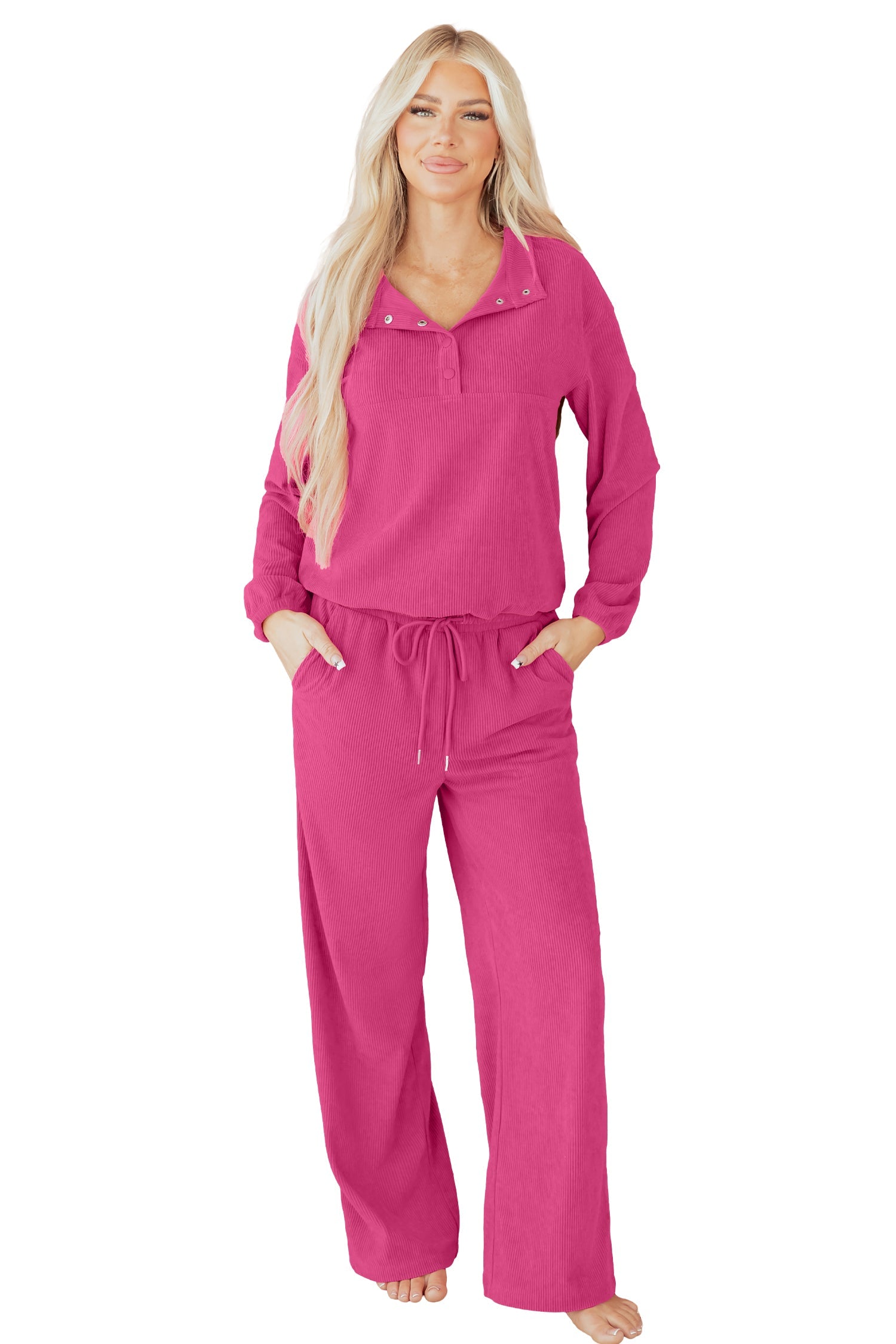 Half Button Pullover Drawstring Trousers Soft Corduroy Co-ord 2pcs Outfit - eAura