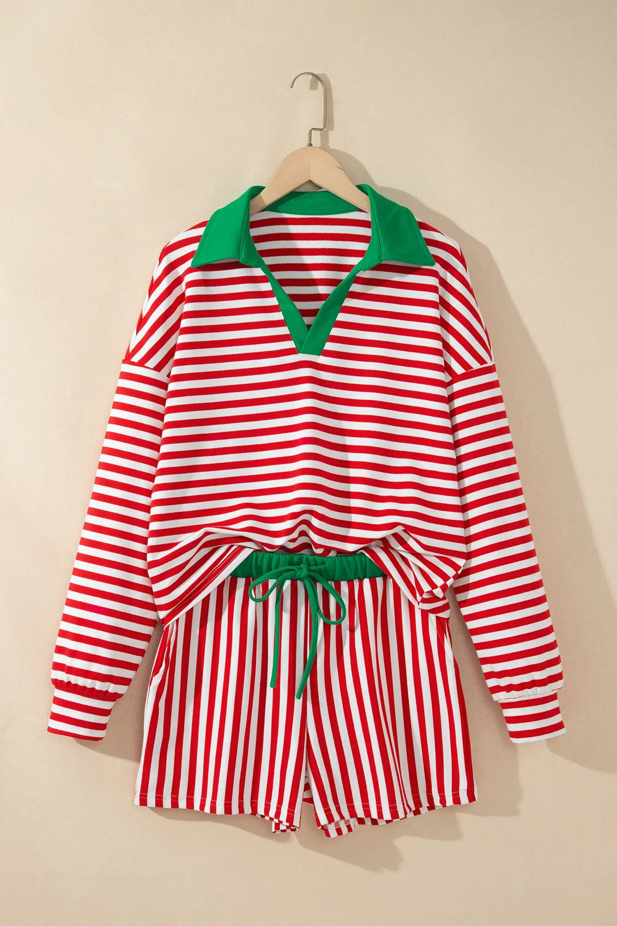 Colourblock Trim Polo Collar Drawstring Elastic Waist Band Casual 2pcs Outfit – Red Stripe