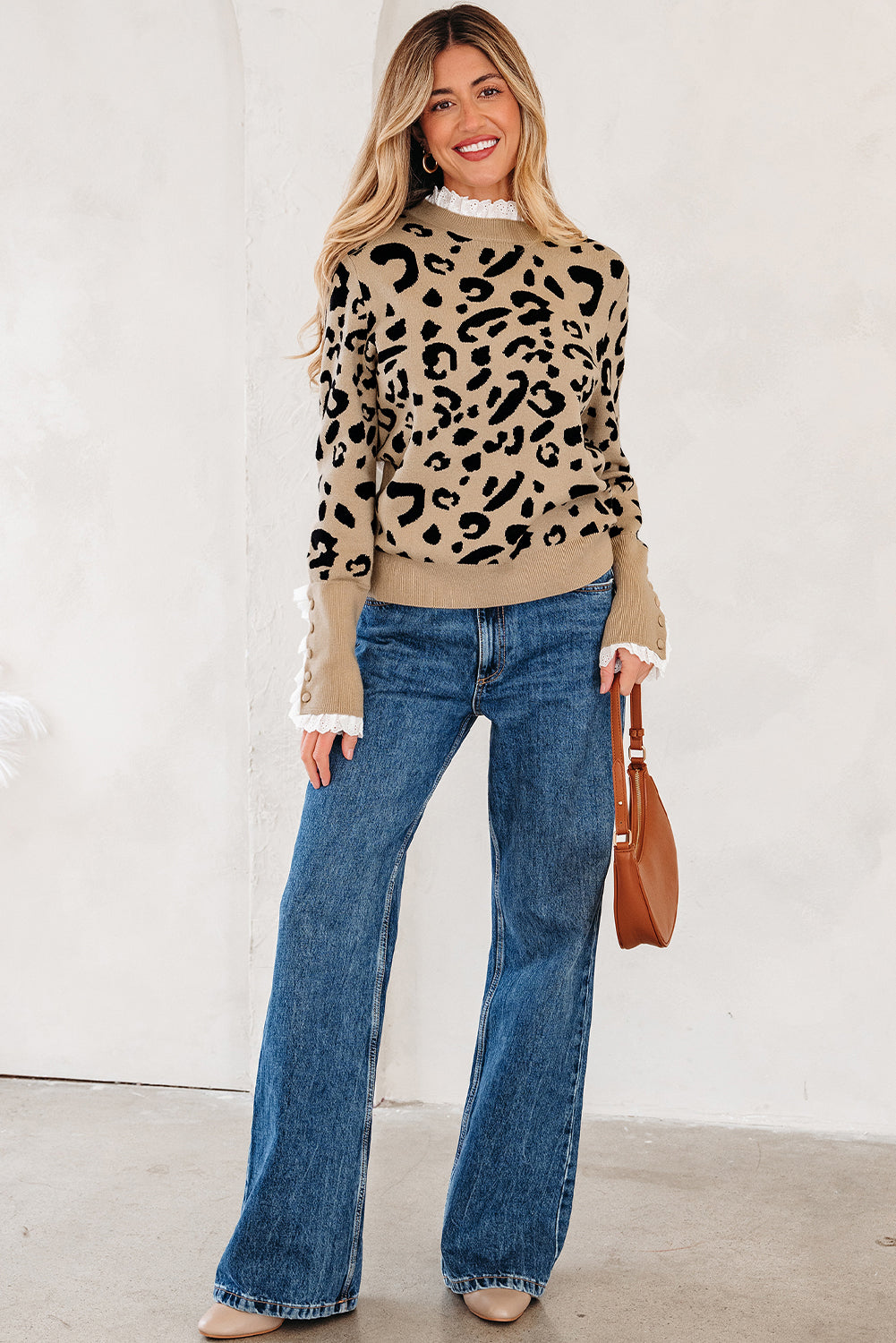 Brown Leopard Pattern Lace Ribbed Detail Button Cuffed Sweater - eAura