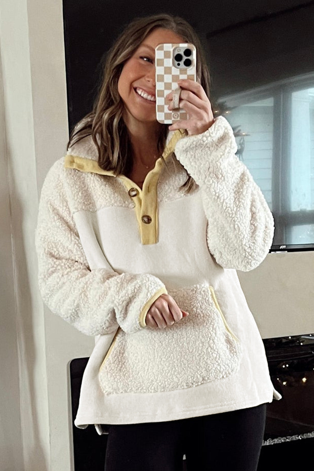 Beige Fleece Colourblock Trim Buttons Collar Sweatshirt with Pocket eAura