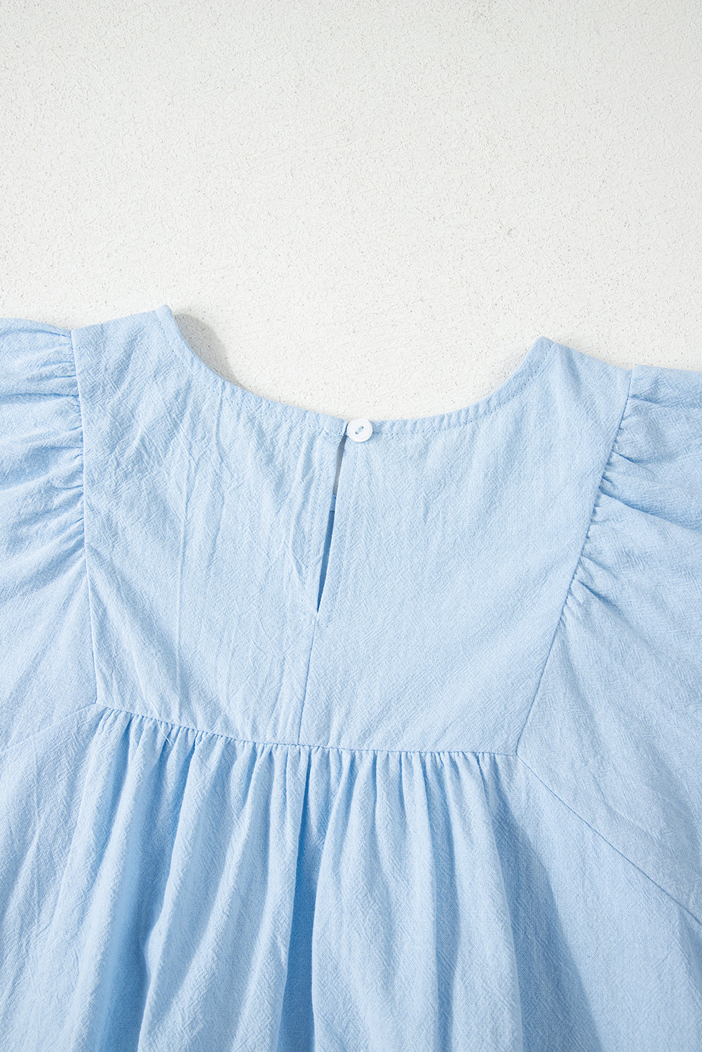 Beau Blue Solid Colour Embroidered Scalloped Sleeves Crew Neck Blouse eAura