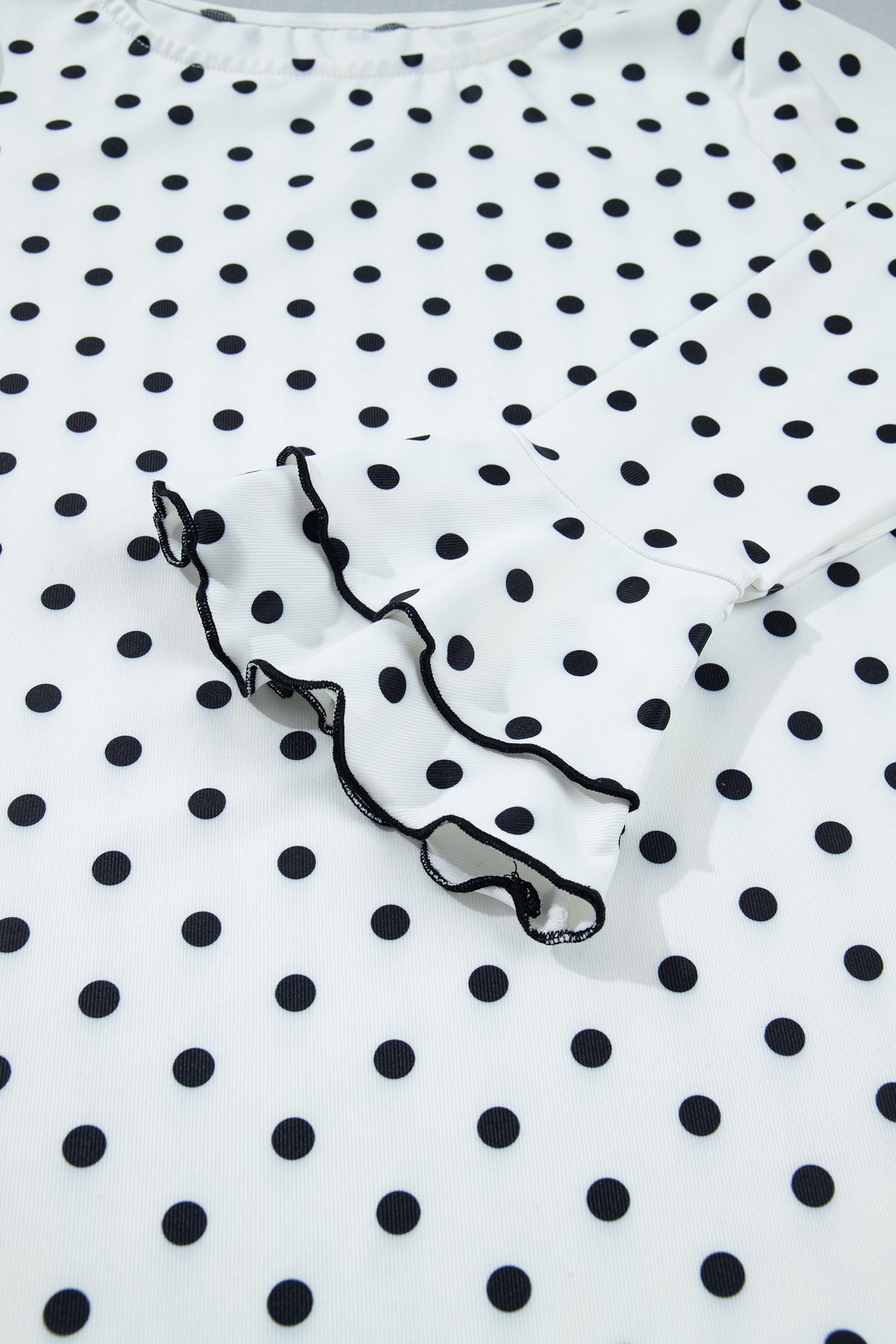 Polka Dot Print Lettuce Trim Long Sleeve Top – Black