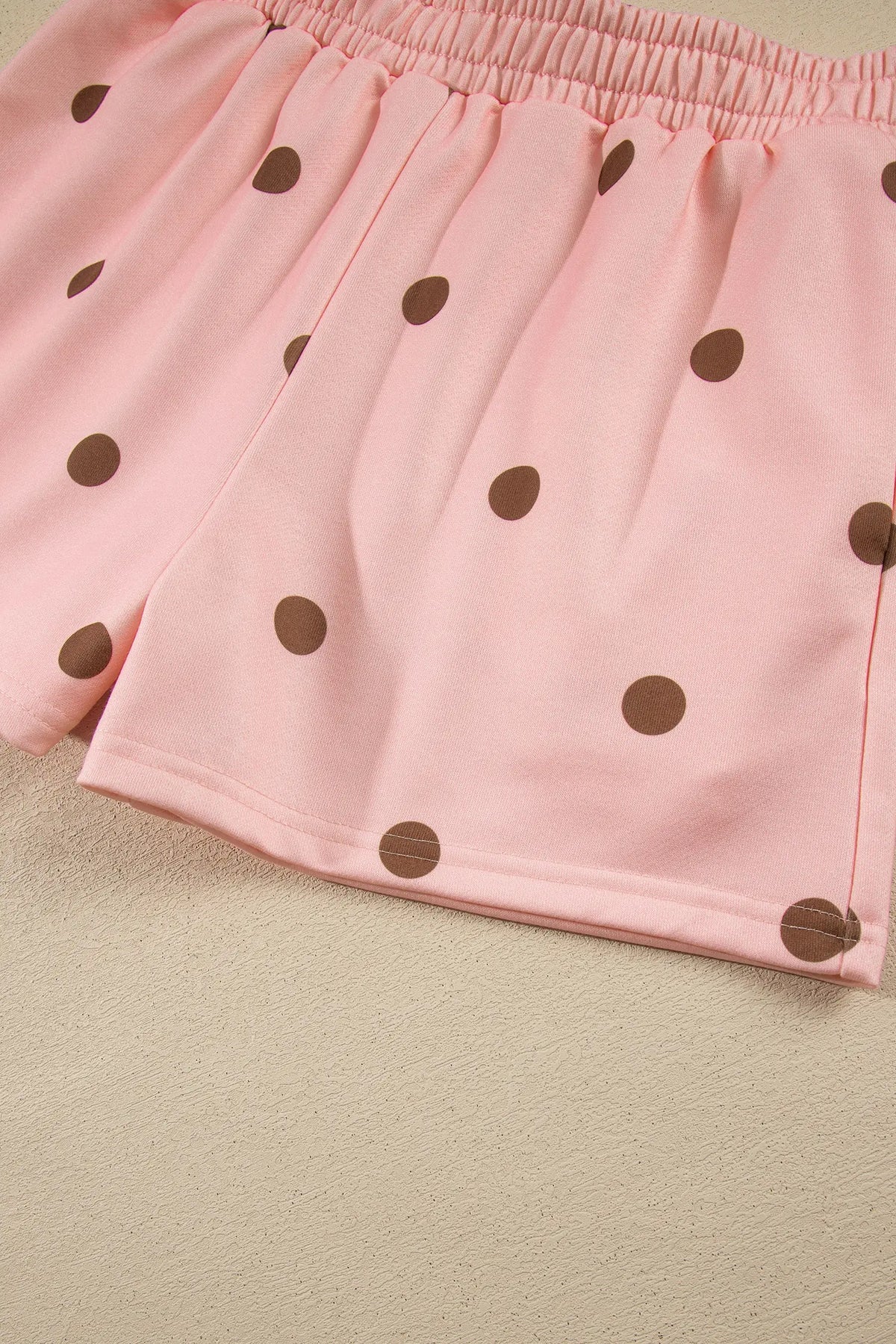 Polka Dot Ribbed Trim Long Sleeve Top Casual Short Set – Brown