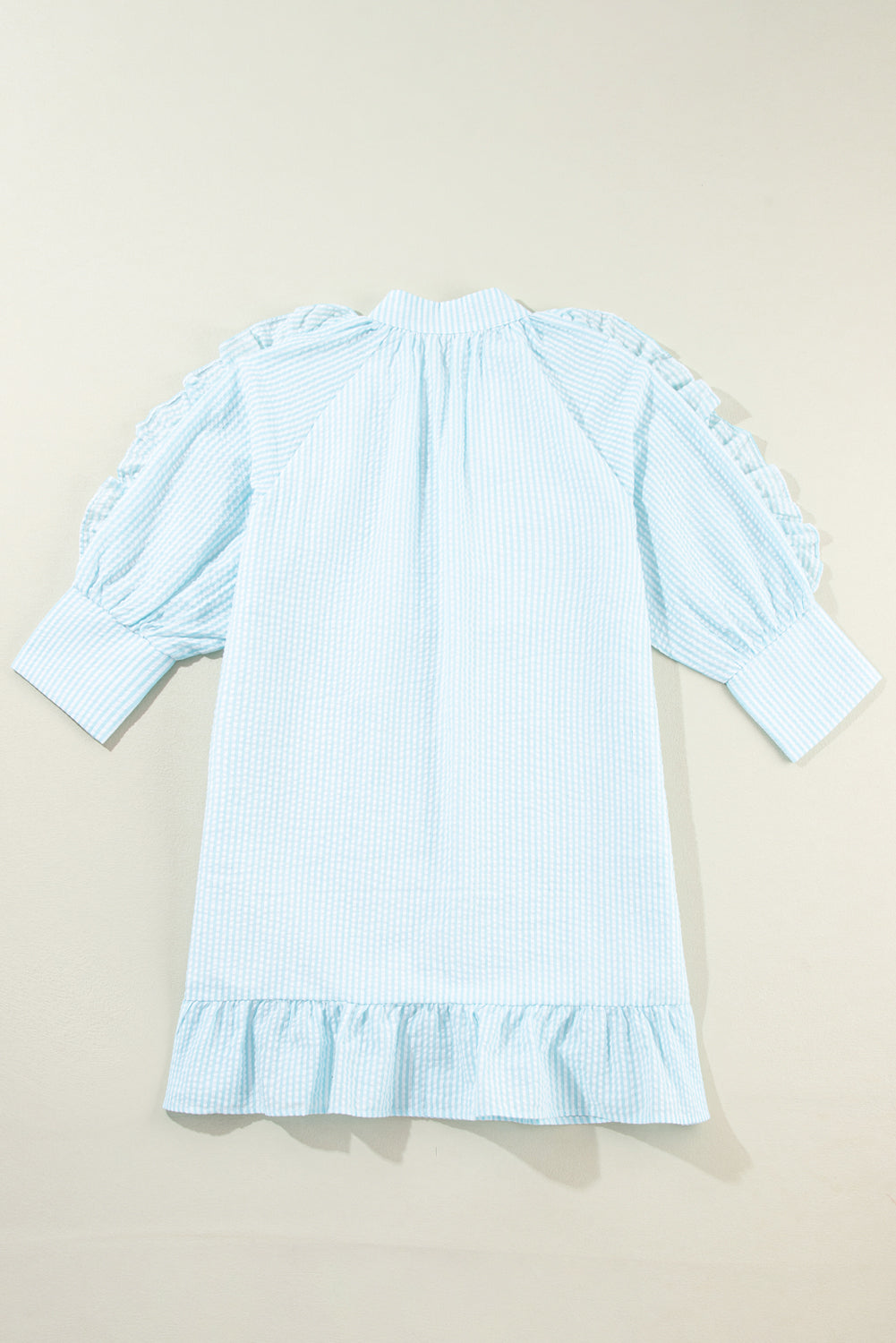 Myosotis Seersucker Ruffled Puff Sleeve Stand Neck Mini Dress Beagle Boutique Fashion Outlet