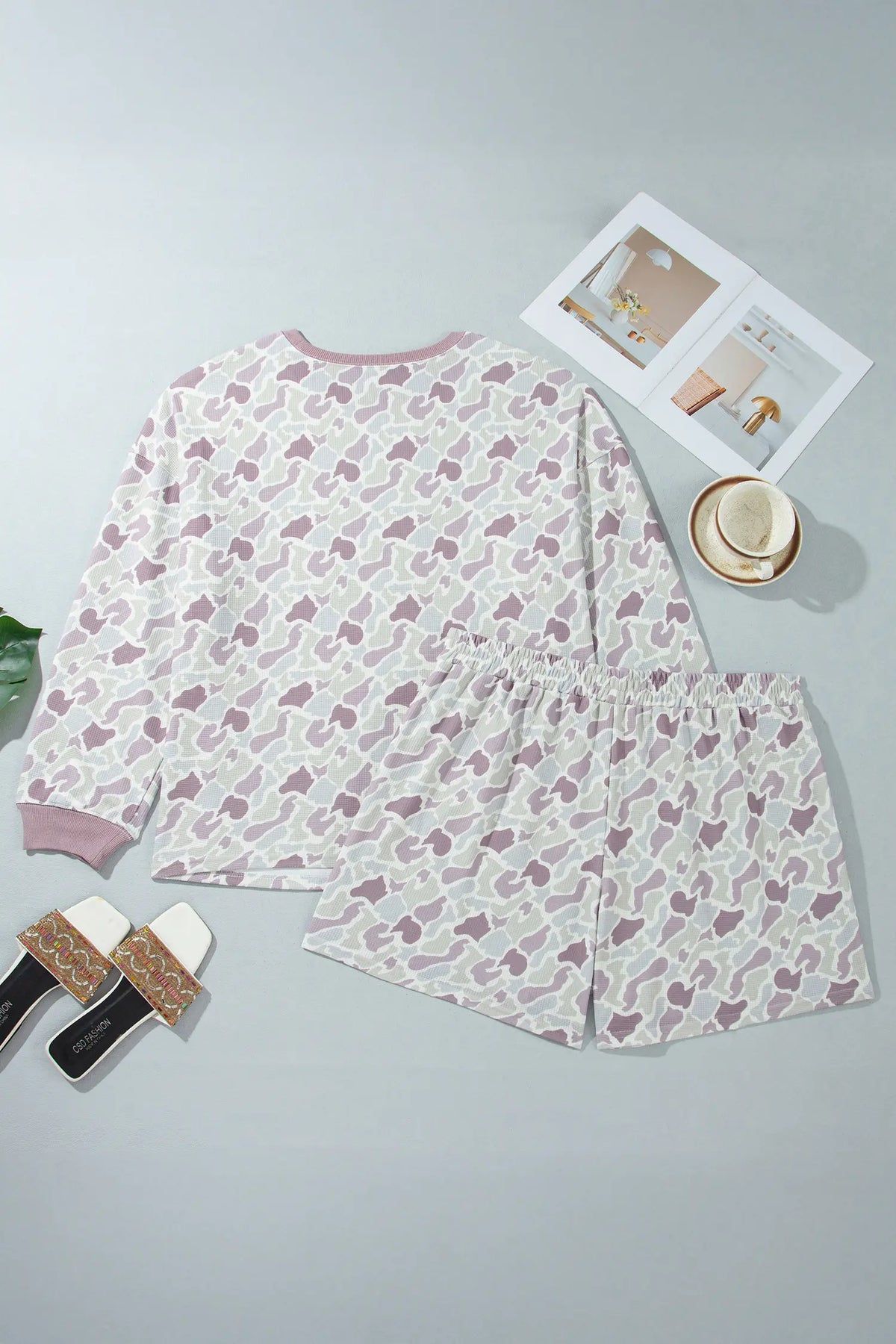 Camouflage Print Waffle Textured Pullover and Shorts Plus Size 2pcs Set – Green