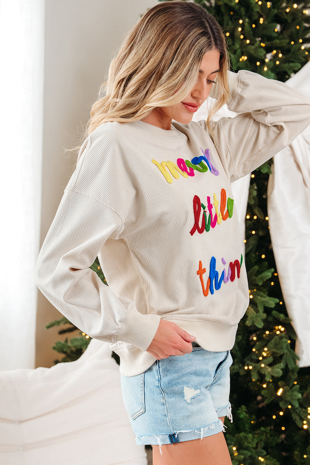 Merry Little Thing Corded Letter Graphic Ribbed Loose Sweatshirt - Tops/Sweatshirts & Hoodies