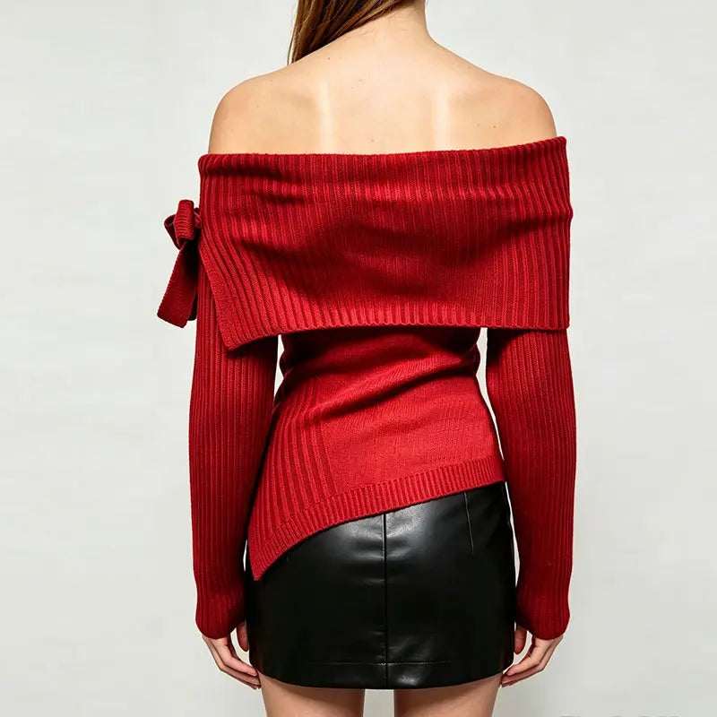 Red bow-detail sweater, back view