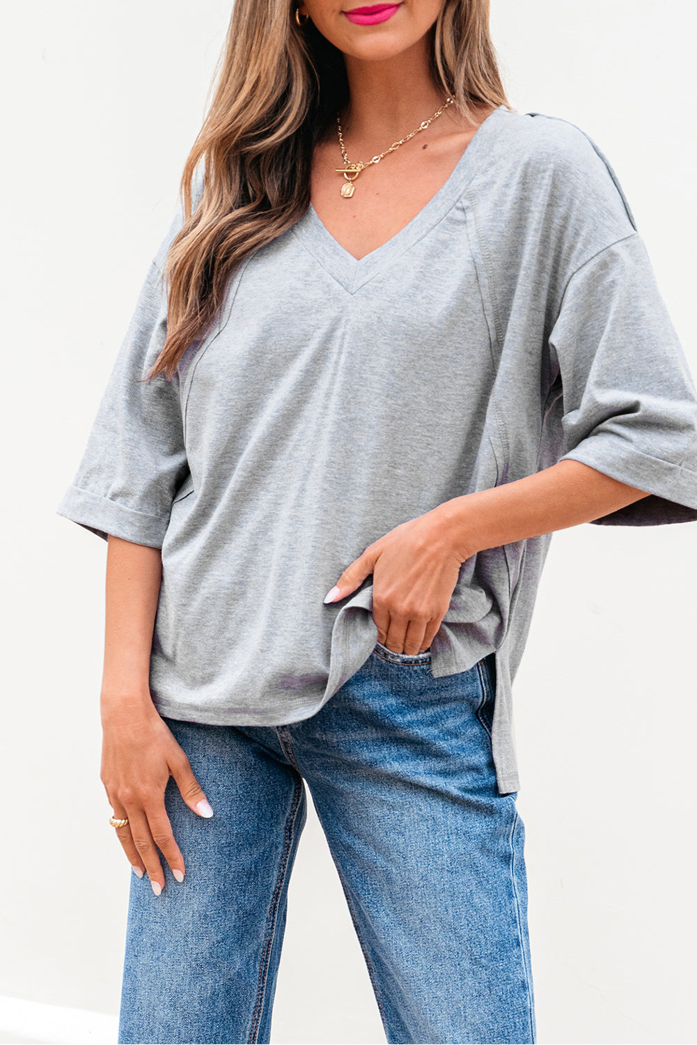 High Raglan Half Sleeve V Neck Oversized T Shirt eAura
