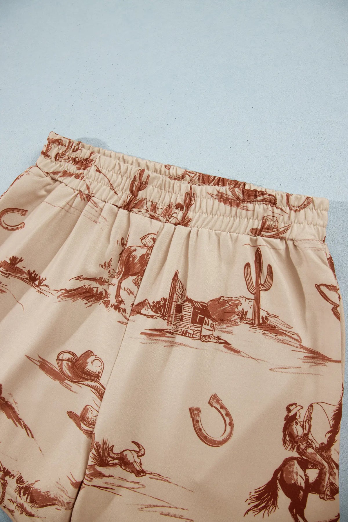 Western Print Loose Fit Long Sleeve Top Short Set – Beige