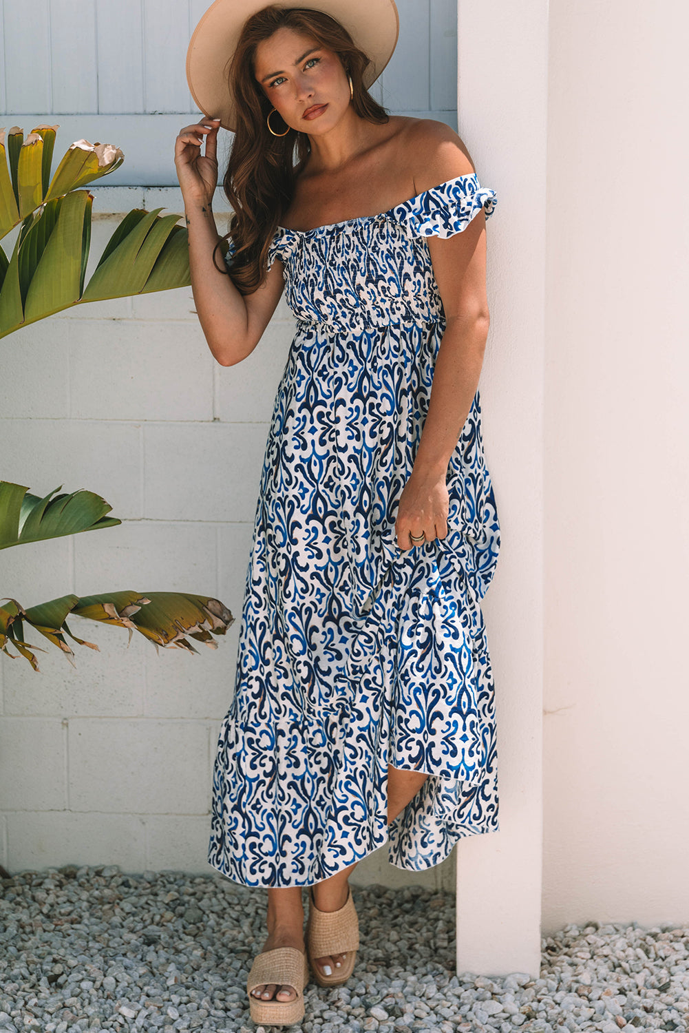 Sky Blue Boho Print Smocked Maxi Dress eAura