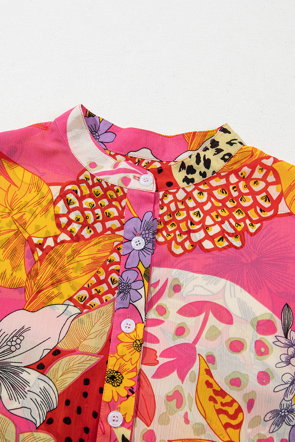 Red Abstract Floral Print Buttoned Ruffled Bubble Sleeve Shirt Beagle Boutique Fashion Outlet