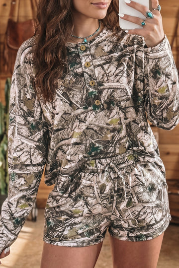 Camo Long Sleeve Top Elastic Waist Shorts Two Piece Set – Brown