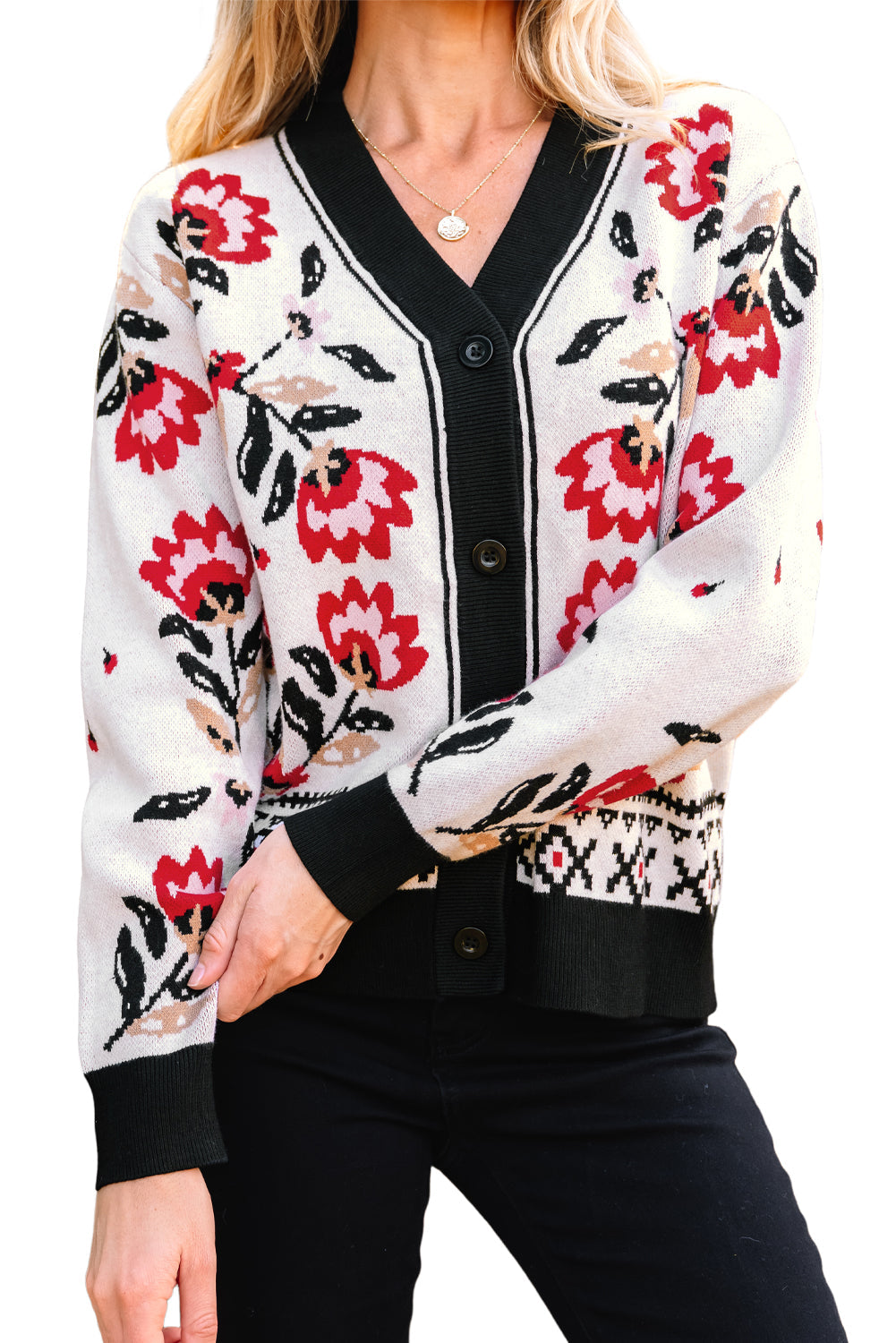 Floral Print Buttoned Front V-Neck Knit Cardigan - eAura