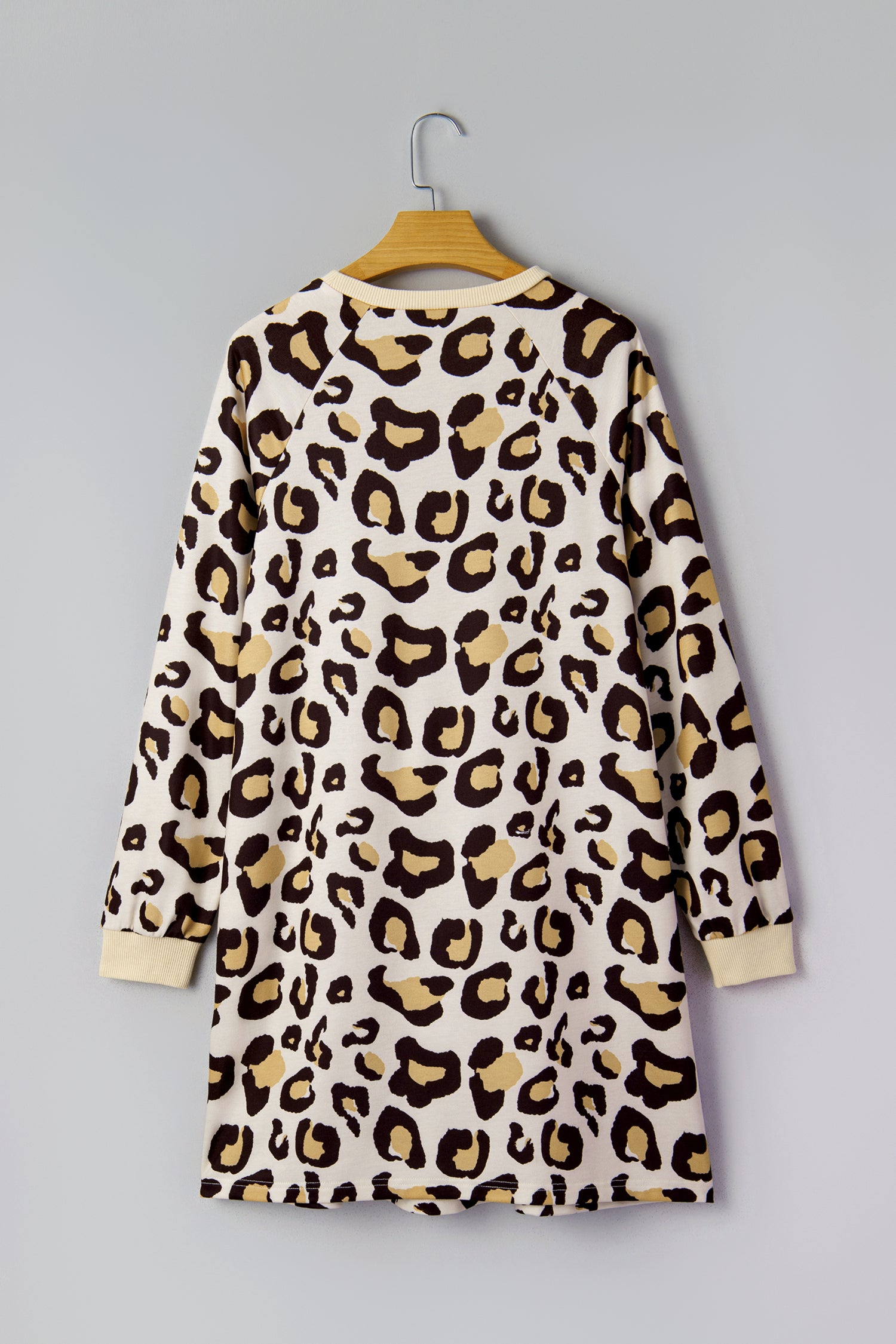 Khaki Leopard Long Sleeve Shift T-Shirt Dress with Pockets