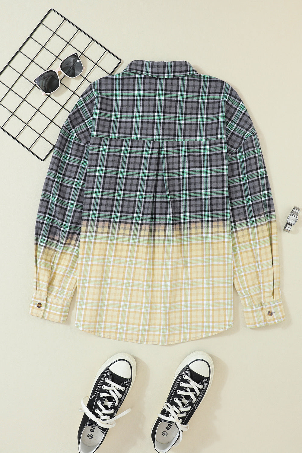 Blackish Green Contrast Plaid Patchwork Chest Pocket Button up Shacket eAura