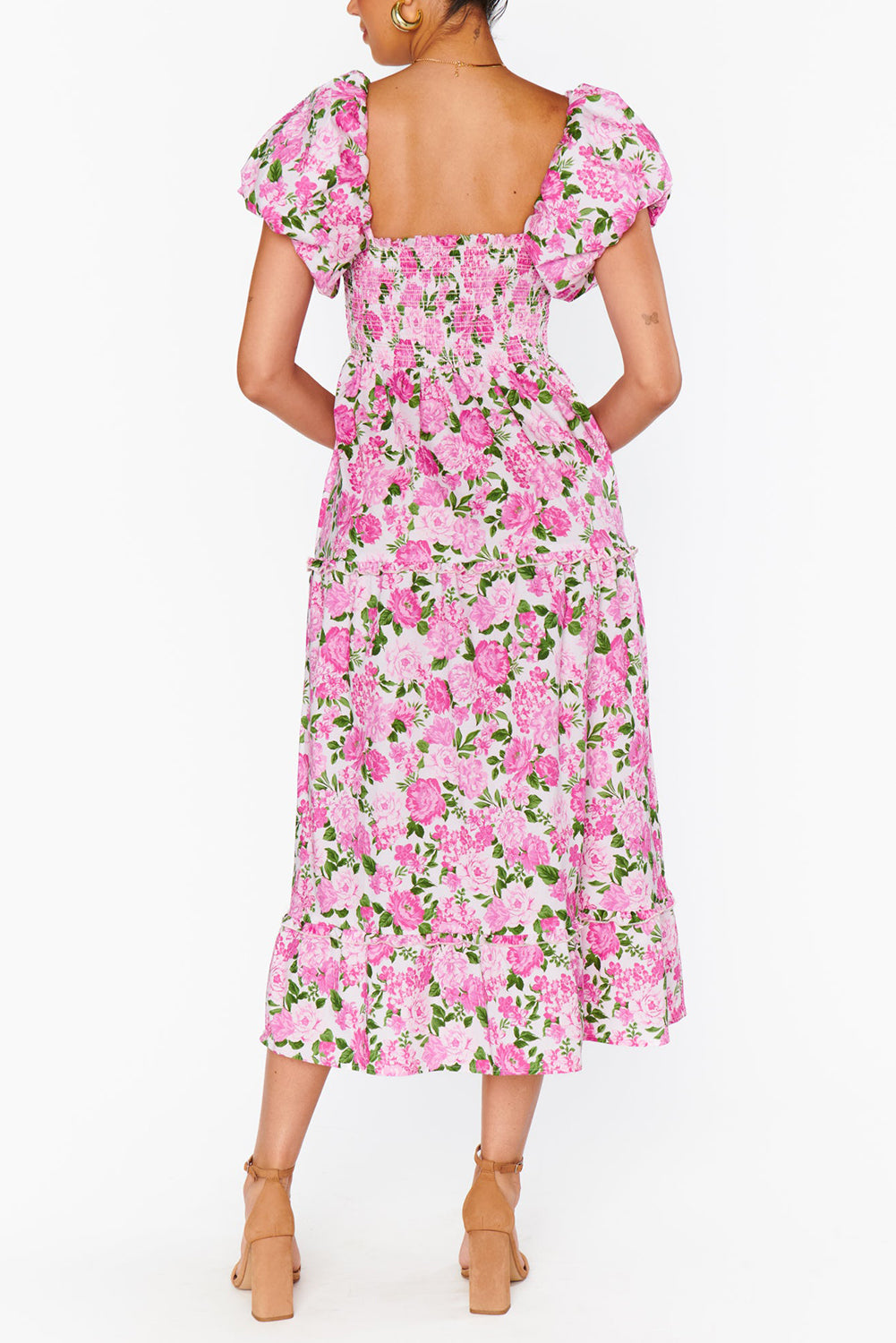 Pink Dainty Floral Smocked Puff Sleeve Flowy Long Dress eAura