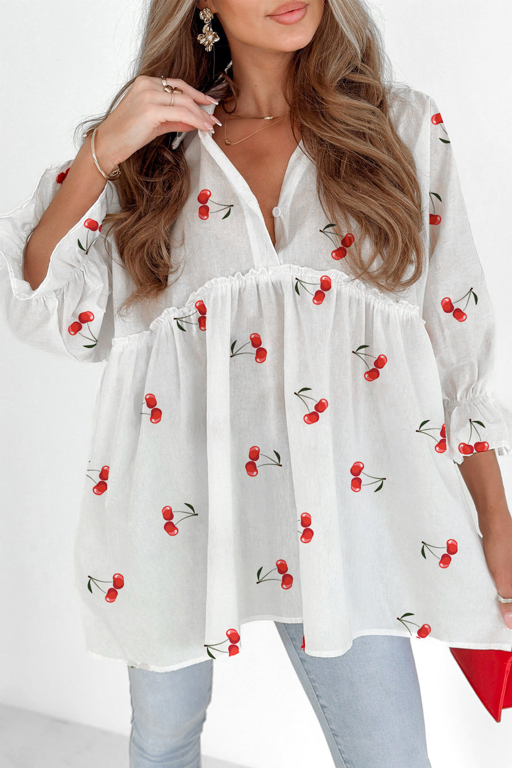 White Cherry Print Collared Frilled Babydoll Blouse - eAura